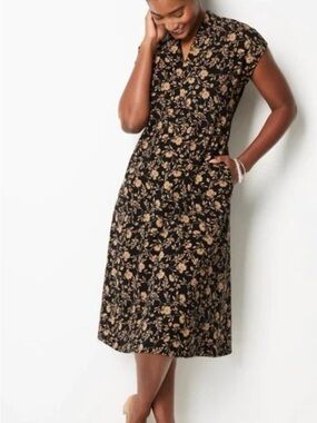 J. Jill Wearever Dress Size 2X Black Tan Floral Fit & Flare Jersey Cap Sleeve